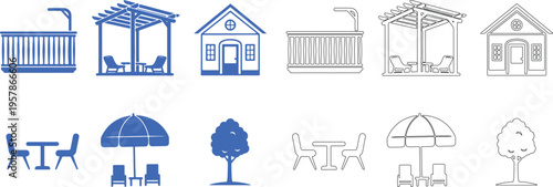 Blue and outline of outdoor furniture and structures