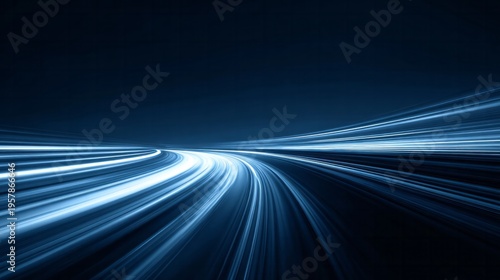 Bright blue light trails curve across a dark digital highway