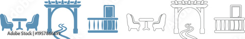 Blue and outline of outdoor seating and pergolas silhouette