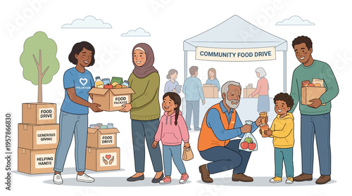 Community Food Drive Event - Volunteers Distribute Donated Food Items to Families
