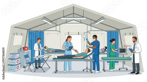 Medical professionals provide care to patients in a temporary outdoor clinic, highlighting emergency healthcare services and disaster relief efforts