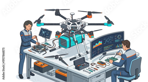 Technicians assembling a drone with advanced technology and tools on a workbench, showcasing innovation and engineering excellence in a modern laboratory setting