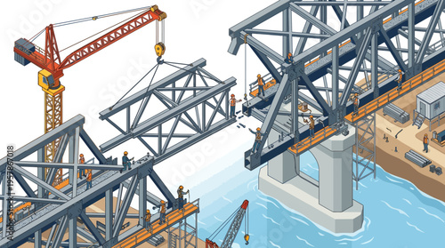 Industrial construction of a large metal bridge over a river, with cranes and workers assembling the structure