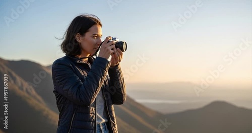 Woman photographs landscape outdoors photography concept