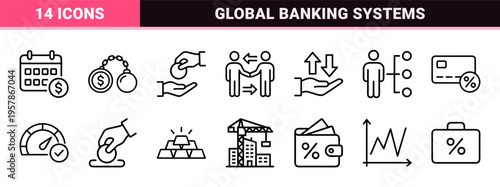 Professional Finance and Banking Loan Outline Icons Featuring Credit Score Mortgage Debt and Investment Symbols in Ultra Minimalist Monoline Style