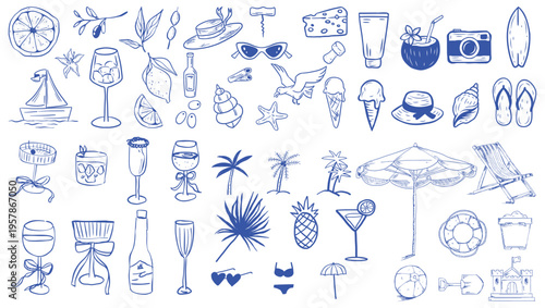 Summer beach elements hand drawn doodle set