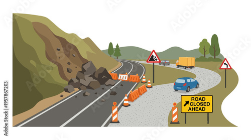Road closed ahead due to landslide, detour signs and traffic management
