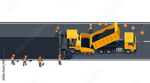 Construction workers paving a road with asphalt using heavy machinery