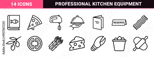 Culinary Arts and Fine Dining Professional Kitchenware Thin Line Art Graphic Symbols Set for Commercial Gastronomy and Menu Design Projects