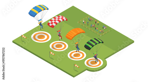 Illustration of isometric parachuting and landing sport with skydivers targeting accuracy