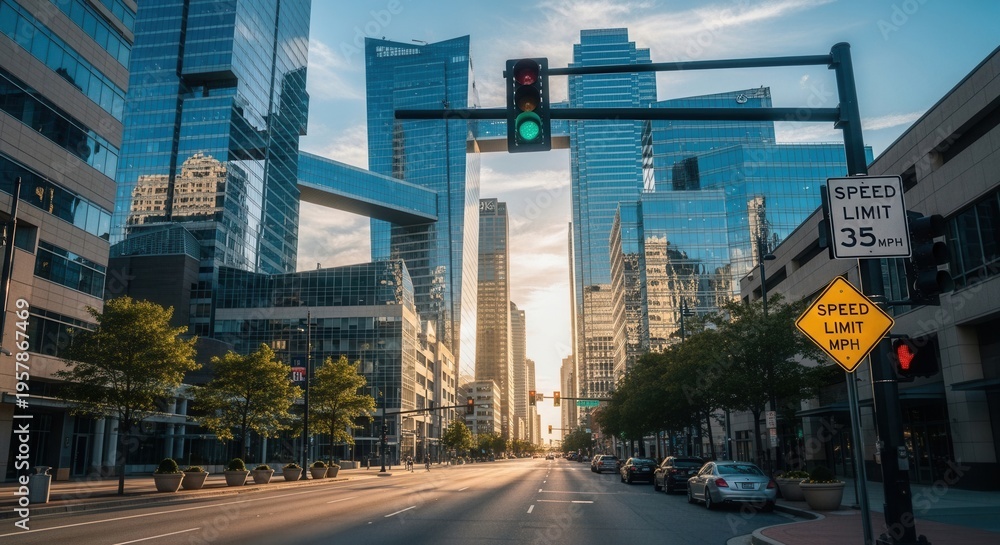 Obraz premium Modern Urban Streetscape With Sleek Skyscrapers And Traffic Lights