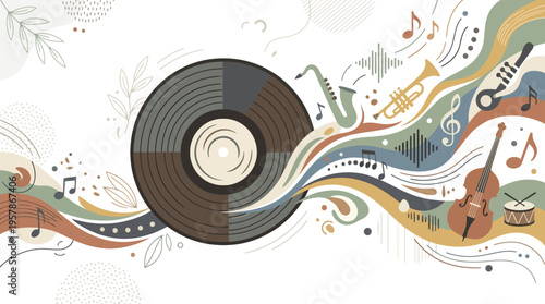 Abstract Music and Sound Waves emanating from a Vintage Vinyl Record, creating a Melody of Instruments and Notes