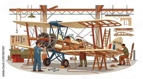 Vintage Biplane Restoration Artisans at Work in a Hangar Workshop