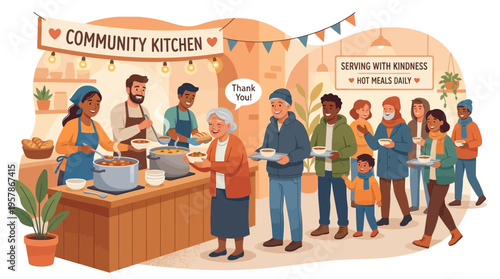 Community Kitchen Serving Warm Meals to Those in Need with Dedicated Volunteers
