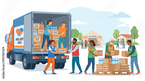 Volunteers unload boxes from a relief aid truck to assist those in need, showcasing community support and charitable efforts