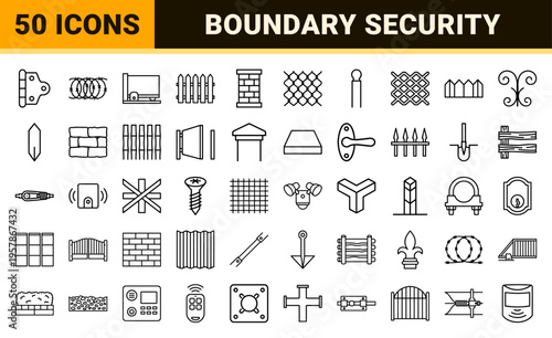 Minimalist Monoline Fence and Perimeter Security Outline Symbols for Professional Architectural Planning and Real Estate Graphics