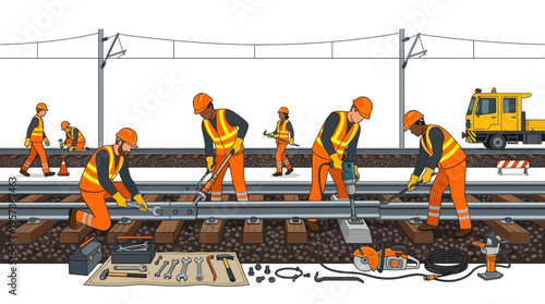 Railway maintenance workers diligently repairing train tracks with tools and equipment, highlighting infrastructure upkeep