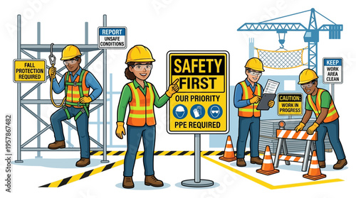 Construction safety first workers and safety signs on a building site, emphasizing the importance of safety equipment and procedures