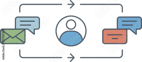 Central user profile connects directly to incoming and outgoing digital messages represented by an envelope and speech bubbles, symbolizing digital correspondence.