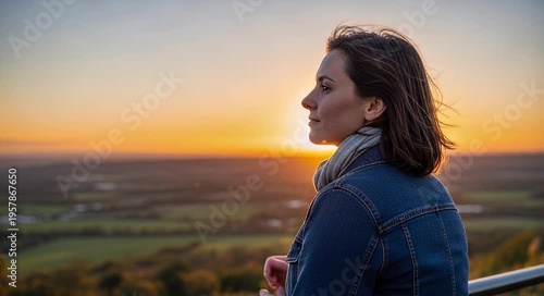 Woman silhouetted by sunset contemplating landscape