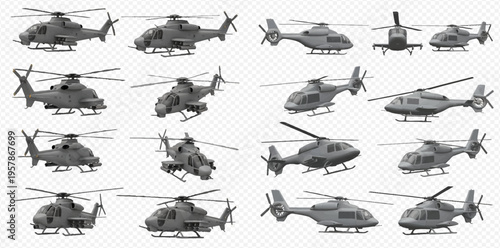 Collection of various military and civilian helicopters in different views, isolated on a transparent background.