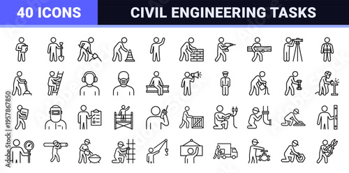 Construction Worker Pictograms in Minimalist Monoline Style; Geometric Line Art Representing Civil Engineering and Industrial Labor Tasks