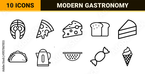 Culinary Gastronomy and Beverage Monoline Outline Symbols for High-End Menu Design and Food Service App Interfaces