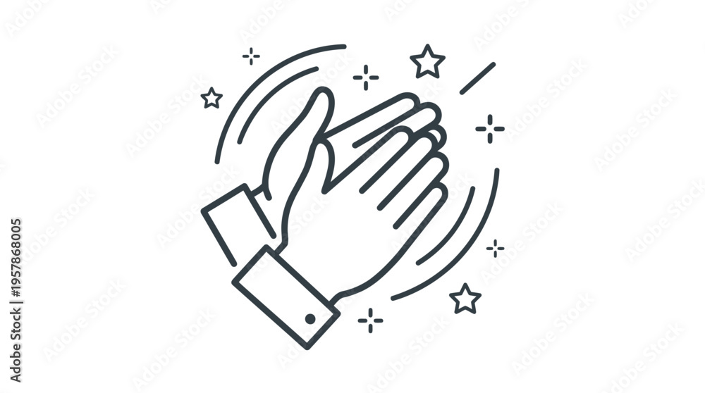 Fototapeta premium Minimalist line art illustration of business manager's hands clapping with stars on white background, ideal for employee recognition, corporate success celebration and achievement awards