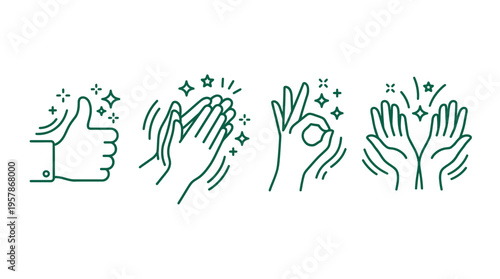 Set of green line art icons featuring hands of managers performing thumbs up clapping and ok sign gestures, ideal for corporate appreciation, executive feedback and business communication