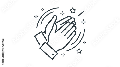 Minimalist line art illustration of business manager's hands clapping with stars on white background, ideal for employee recognition, corporate success celebration and achievement awards