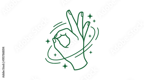 Green line art of hand making okay gesture with sparkles and orbital lines on white background, ideal for business success branding, positive feedback and customer satisfaction project