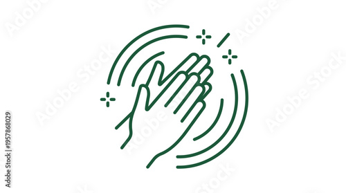 Minimalist green line art icon of two hands clapping with motion lines and sparkles, ideal for sales manager achievement celebration, executive office recognition and entrepreneur motivation