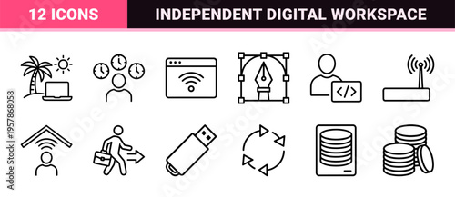 Remote Work and Freelance Careers Icon Set featuring Minimalist Geometric Line Art for Digital Nomads and Independent Contractors.