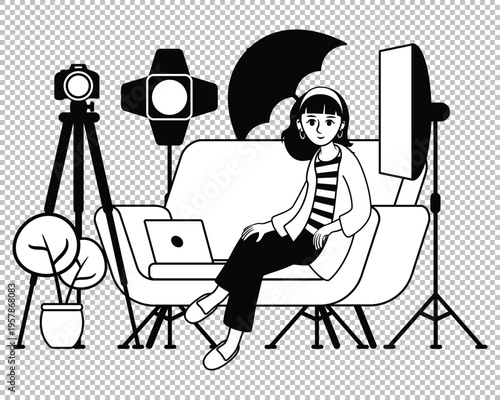 Linear illustration of a woman on a couch with photography equipment and office items