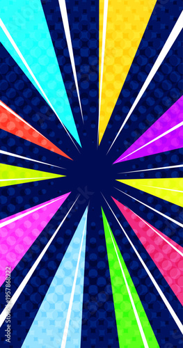 バブルが飛び出すカラフルで派手で目立つ集中線ネイビー背景ベクター素材。スマホに最適な縦型