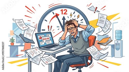 Overwhelmed office worker stressed by looming deadline, papers flying around desk, urgent work pressure, time running out