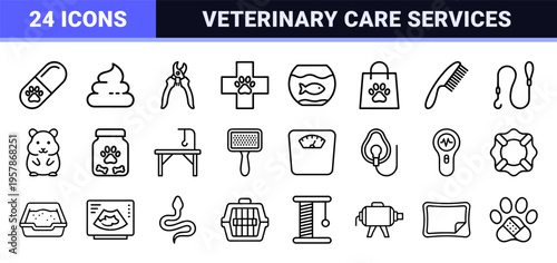 Professional Veterinary Clinic and Pet Care Line Art Set featuring Minimalist Monoline Geometric Symbols for Animal Healthcare and Grooming.