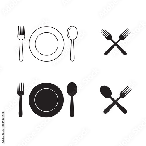 Fork and Spoon Crossed Logos - Food Service and Catering Vector Illustrations