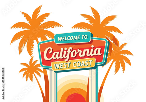 Welcome to California West Coast retro sign with palm trees and sunset