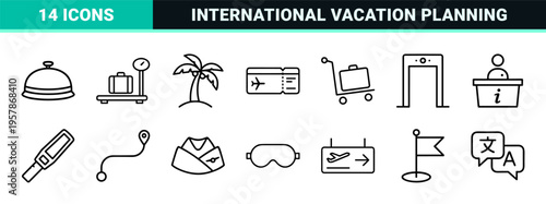 Global Tourism and Airport Logistics Outline Icons featuring Minimalist Monoline Style for Professional Travel Management Apps