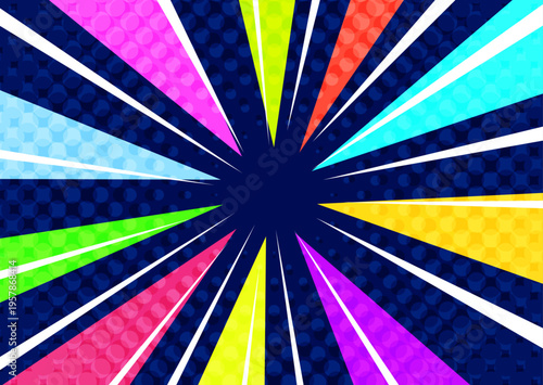 バブルが飛び出すカラフルで派手で目立つ集中線紺色背景ベクター素材。ポスター広告用