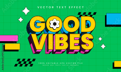 Good Vibes Editable Vector Text Effect. Retro Groovy Cartoon Style.
