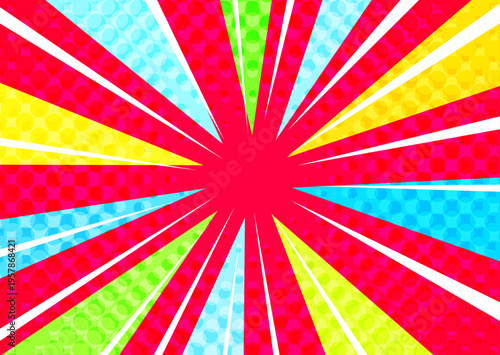 バブルが飛び出すカラフルで派手で目立つ集中線赤色背景ベクター素材。ポスター広告用