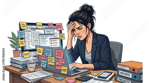 Overwhelmed businesswoman working late at her cluttered desk with sticky notes and stacks of papers, stressed and tired