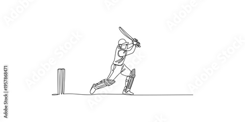 Cricket player in action swinging a bat with protective gear batting helmet wicket stumps bails