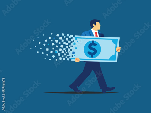 Businessman holding a dissolving dollar bill, representing financial loss, digital transformation, or economic decline on a blue background vector illustration
