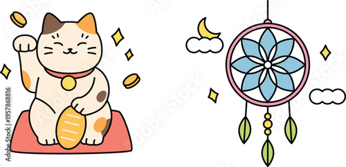 Whimsical depiction of a maneki-neko cat with a dreamcatcher under the moonlight