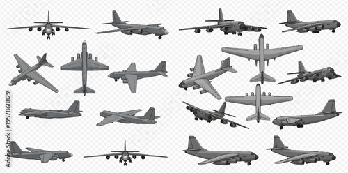 Set of various military transport aircraft in different views, including side, top, and front angles, on a transparent background.