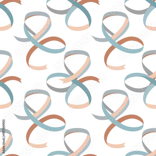 Seamless pattern of intertwined ribbons in muted blue, peach, and gray on white
