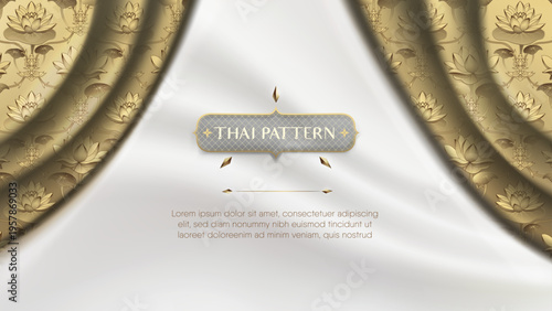 Luxury Thai traditional pattern on golden silk curtain background with realistic drapery
